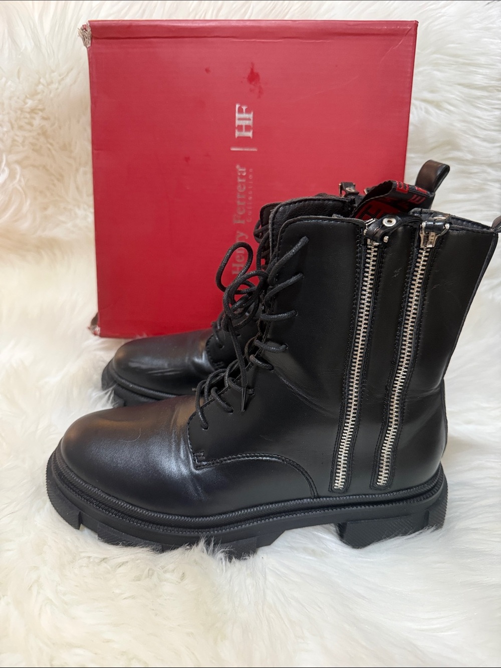 Henry Ferrera Black Leather Lace-Up Combat Boots with Dual Zippers